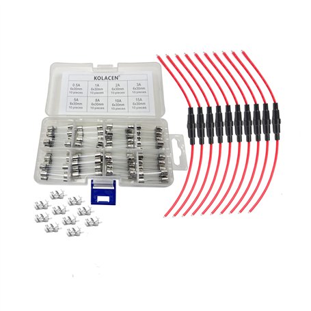 KOLACEN Car Inline Vis Type 6x30mm Porte-fusible 16 Awg Fil 10 Pcs + 80 Pcs Fusible En Verre Rapide Rapide 6 x 30 mm Kit Assorti
