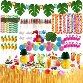 107 Pcs Hawaïenne Luau Table Jupe Set de Décoration，Kit de Décoration de Fête Hawaïenne，Décorations de Fête Hawaïennes，Couronne，