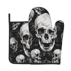 Lot de 2 gants de cuisine et maniques avec motif tête de mort - Résistants à la chaleur - Imperméables
