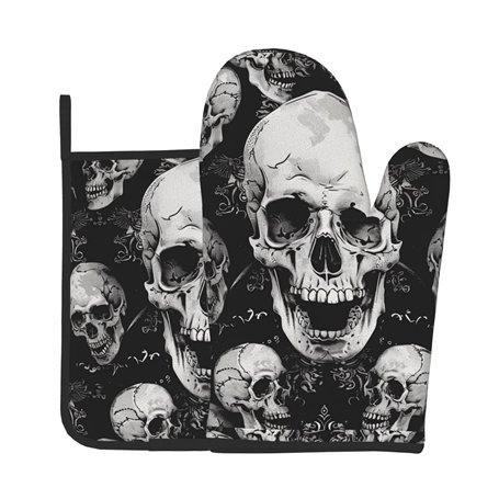 Lot de 2 gants de cuisine et maniques avec motif tête de mort - Résistants à la chaleur - Imperméables