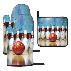Lot de 3 maniques et maniques imprimées Bowling – Tissu résistant à la chaleur et imperméable – Idéal pour la cuisine