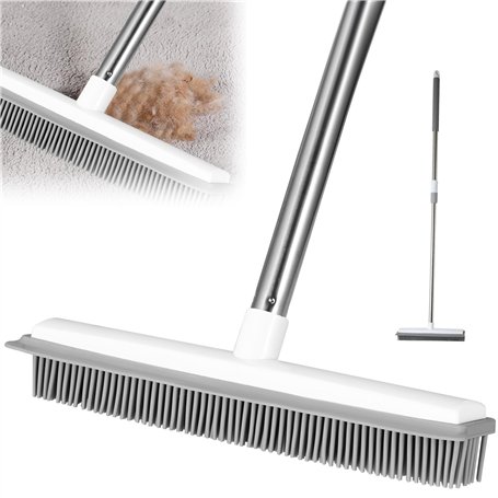 Balai en caoutchouc avec raclette - Brosse de sol pour tapis avec manche télescopique pour enlever les poils d'animaux