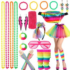 Ensemble D'accessoires pour Femmes des Années 80，23 Pcs Costumes de Fête Néon pour Filles，Costume Néon des Années 80 avec sac Ba