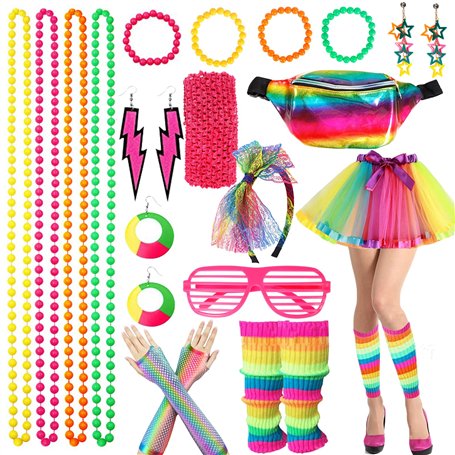 Ensemble D'accessoires pour Femmes des Années 80，23 Pcs Costumes de Fête Néon pour Filles，Costume Néon des Années 80 avec sac Ba