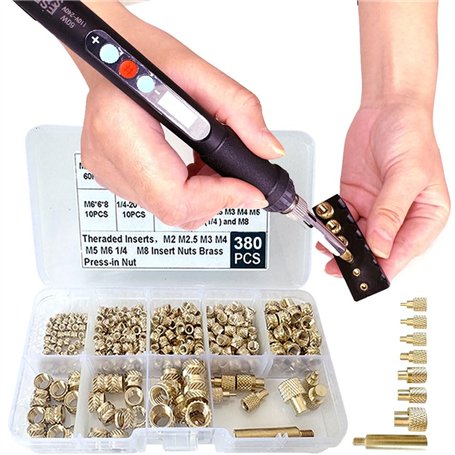 Kit d'outils d'insertion thermique - Écrous en laiton - Impression 3D - 60 W - Fer à souder numérique et 380 pièces - Inserts fi