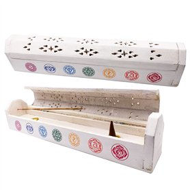 Brûleur Encens (incendiaire) Boîte en Bois décorée à la Main en Inde - Design Exclusif Chakras Blanc 30