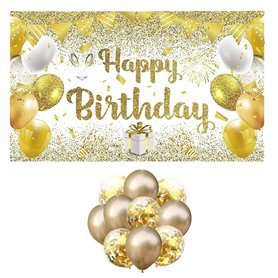 1 Morceau De Tissu De Fond De Bannière De Joyeux Anniversaire De 180 * 110 Cm Avec 10 Ballons à Paillettes Dorées