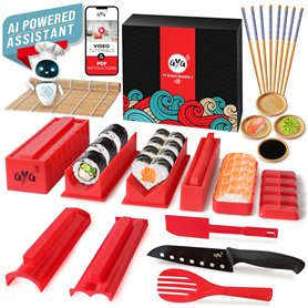 Aya Le Sushi Maker 3 - Coffret Premium 25 Pièces - Assistant IA - Recettes - Appareil et Moules à Sushi - Couteau Expert et Natt