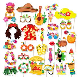Lot de 30 accessoires de photomaton d'été hawaïen pour décoration de fête sur la plage tropicale et la piscine