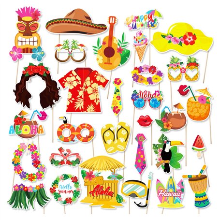 Lot de 30 accessoires de photomaton d'été hawaïen pour décoration de fête sur la plage tropicale et la piscine