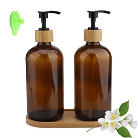 2 Pièces 500 ML Distributeur de Savon，Distributeur Savon Cuisine，Distributeur Savon Salle de Bain，Étiquette et Plateau en Bois a