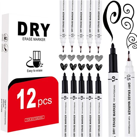 Lot de 12 marqueurs noirs pour tableau blanc