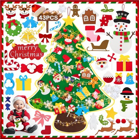 Feutre Arbre de Noël 3.52ft Sapin de Noël en Feutrine pour Enfant 43Pcs DIY Feutre Arbre De Noël avec Lumineuse