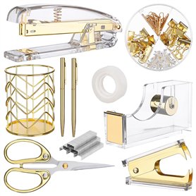 HAOWANWW Kit de fournitures de bureau doré - Organiseur pour la rentrée scolaire - En acrylique - Avec porte-stylo - Support de