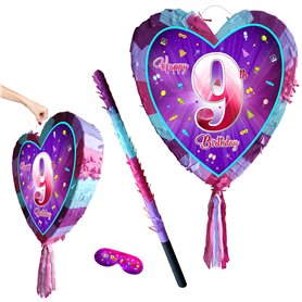 Piñata 9e anniversaire avec bâton – Girls Nine Party Smashing Game – Grand 41 cm x 38 cm