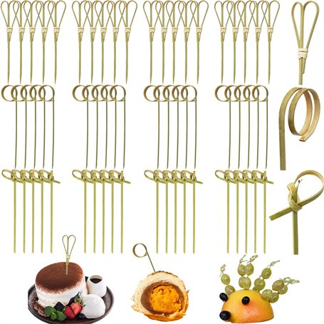 300 Pièces Bâtonnets à Cocktail Brochettes Nouées en Bambou de Style Japonais Pics de Nourriture Cure-Dents avec Extrémités Tors