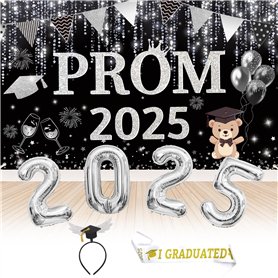 Iridsmole Décorations de bal de fin d'année 2025 - Ballons en feuille d'argent avec bandeau de remise de diplôme - Bannière de r