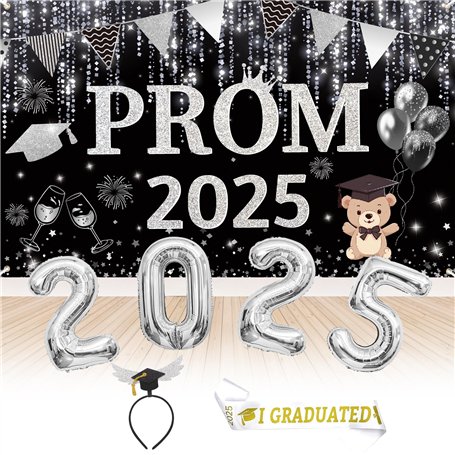 Iridsmole Décorations de bal de fin d'année 2025 - Ballons en feuille d'argent avec bandeau de remise de diplôme - Bannière de r
