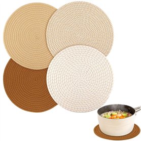 4 Dessous de Verre Ronds en Coton de 18 cm Decoration Table en Liège Set de Table sous Plat de Table Osier Absorbants Réutilisab