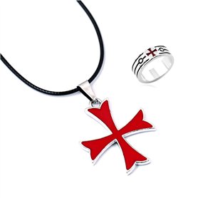YouU 2 Pièces Collier Pendentif et Bague en Acier Inoxydable Croix-Rouge Maçonnerie Chevalier Croisé Crusader pour Hommes