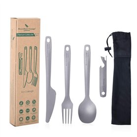 iBasingo Ensemble De Vaisselle En Titane Ouvre-Bouteille CuillèRe Fourchette Couteau IntéRieur ExtéRieur LéGer Couverts RéUtilis