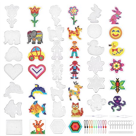 20 Pcs Plaques de Perles à Repasser Enfants Panneaux Perforés pour Perles 5mm Modèles de DIY avec Cartes Colorées Support Perles