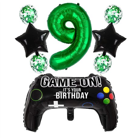 Liitata Jeu vidéo 9ème anniversaire décoration garçon anniversaire fête chiffre 9 ballons en aluminium vert grand contrôleur de