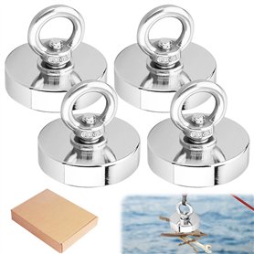 Lot de 4 aimants à œillets en néodyme - 42 mm - Super puissants - Charge maximale : 55 kg - Avec anneaux de levage et vis - Pour