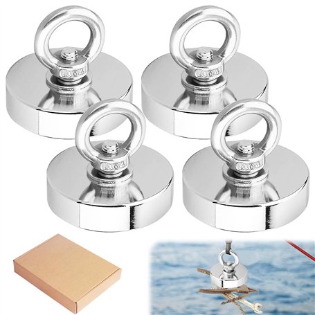 Lot de 4 aimants à œillets en néodyme - 42 mm - Super puissants - Charge maximale : 55 kg - Avec anneaux de levage et vis - Pour