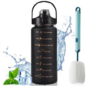 Gourde de 2 l avec paille - Bouteille d'eau de 2 l - Avec marqueur de temps - Grande gourde avec brosse à gobelet bleue - Pour l
