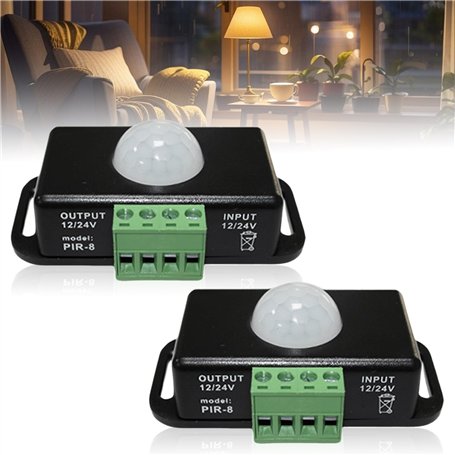 Lot de 2 détecteurs de mouvement LED - DC 12 V 24 V - Noir - Mini capteur de mouvement infrarouge PIR - Interrupteur automatique
