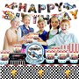 Lot de 62 ustensiles de fête pour anniversaire d'enfant, motif voiture de course, assiettes, tasses, serviettes, bannières (20 i