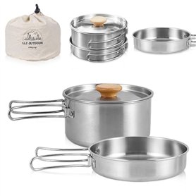 Udbrud Ensemble d'ustensiles de cuisine de camping en acier inoxydable avec couvercle et poignée pliable - Ensemble de vaisselle