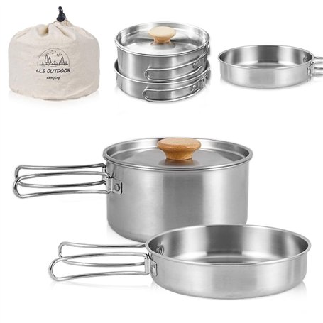 Udbrud Ensemble d'ustensiles de cuisine de camping en acier inoxydable avec couvercle et poignée pliable - Ensemble de vaisselle