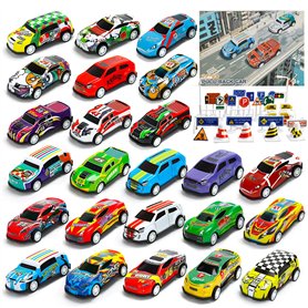 MUXIWOM Voiture Enfant 24 Pièces Petites Voitures Jouets en Métal avec Barrage Routier & Tapis de Jeu 6