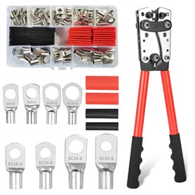 Pince à sertir 6/10/16/25/35/50 mm² - Grande pince à sertir 10-1/0 AWG - 8 tailles - 60 bornes à anneaux en cuivre + 60 gaines t
