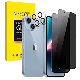ALEECYN [2+2 Pièces] 2Pcs Verre Trempé Anti-espion pour iPhone 14 Plus et 2Pcs Caméra Arrière Protecteur