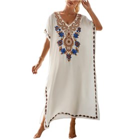 L-Peach Femme Été Coton Broderie Florale Longue Kaftan Maxi Robe Paréo de Plage pour Maillot de Bain
