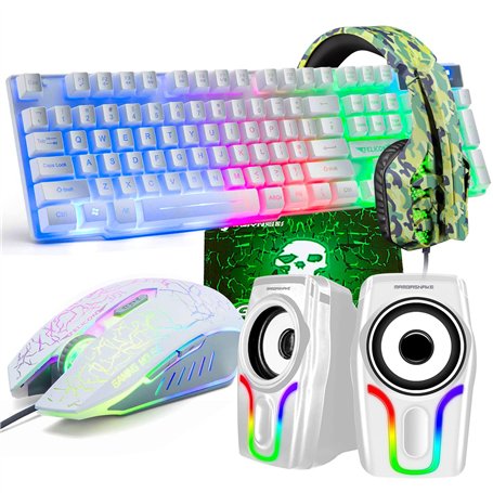 Clavier de Jeu USB rétroéclairé Filaire+Souris de Jeu LED Arc-en-Ciel Optique à 6 Boutons 2400 DPI+Casque de Jeu stéréo+Haut-par