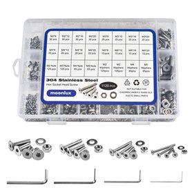 1120Pièces Jeu de Vis M2 M3 M4 M5 en 304 Acier inoxydable à tête plate avec Ecrous et Rondelles Visserie Vis avec Boîte de Range