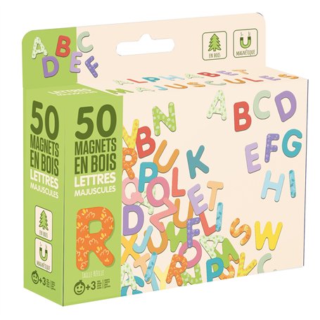 Jeujura - Magnets Bois 50 Lettes Majuscules - pour accompagner Les Tableaux - Aimantées en Bois - Familiariser avec l'écriture -