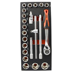 Fischer Darex -Module mousse de 22 outils pour servantes d'atelier composé de douilles 1/2" et accessoires