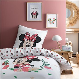 Disney Minnie Flower Parure de Lit Enfant 1 Personne | 100% Coton | Oeko-TEX | Housse de Couette 140x200 cm + 1 Taie d'oreiller