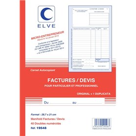 ELVE CARNET FACTURES/DEVIS AUTO ENTREPRENEURS 297X210 40/2 - Pack de 1