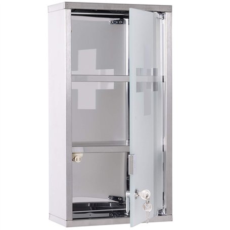 HOMCOM Armoire à Pharmacie 2 étagères 3 Niveaux verrouillable Porte Verre trempé dépoli Logo Croix 25L x 12l x 48H cm Acier INOX