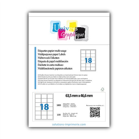 1 800 étiquettes 63.5 x 46.6 mm pour adresse blanches adhésives personnalisables soit 100 feuilles de 18 étiquettes pour imprima