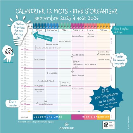 Oberthur - 1 Calendrier d'organisation 12 mois - Septembre 2025 à Août 2026 - Format 30 x 30 cm