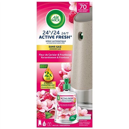 Airwick Desodorisant Maison Spray Automatique Sans Gaz Active Fresh - 1 Diffuseur + 1 Recharge Fleur de Cerisier et Framboise