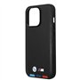 CG MOBILE BMW – Coque de téléphone pour iPhone 14 Pro en cuir synthétique, noir avec lignes de fond tricolores, collection M, ét