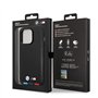 CG MOBILE BMW – Coque de téléphone pour iPhone 14 Pro en cuir synthétique, noir avec lignes de fond tricolores, collection M, ét